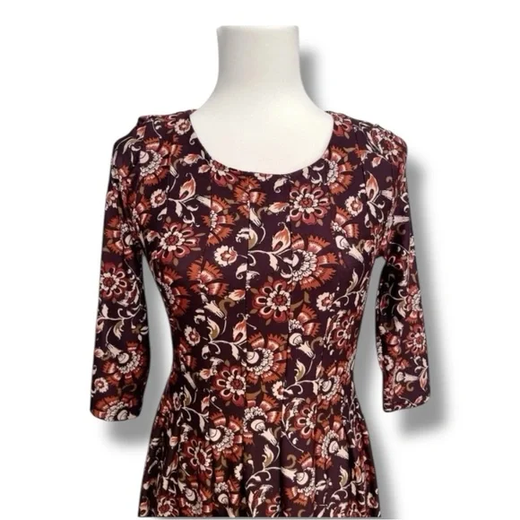Shelby & Palmer Burgundy Floral Fit & Flare Midi Dress 3/4 Sleeve Women’s Small - Picture 4 of 9